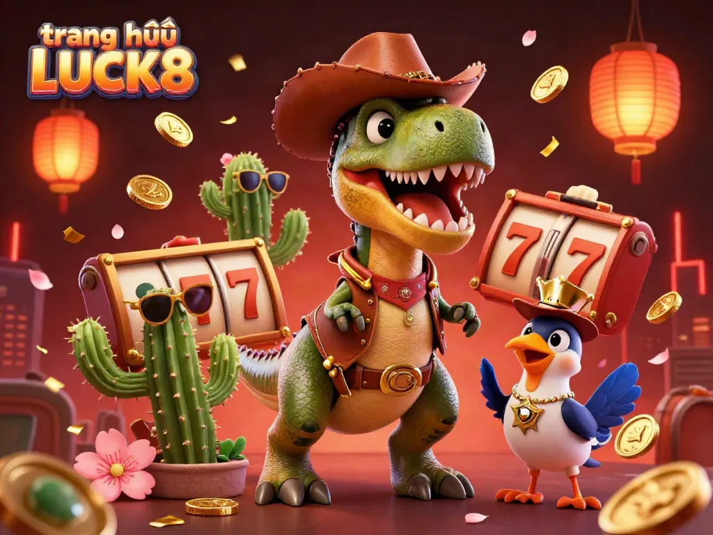 Experience the excitement of trang chủ LUCK8 with this vibrant 3D casino illustration featuring a cartoon T-Rex and action-packed gaming elements.