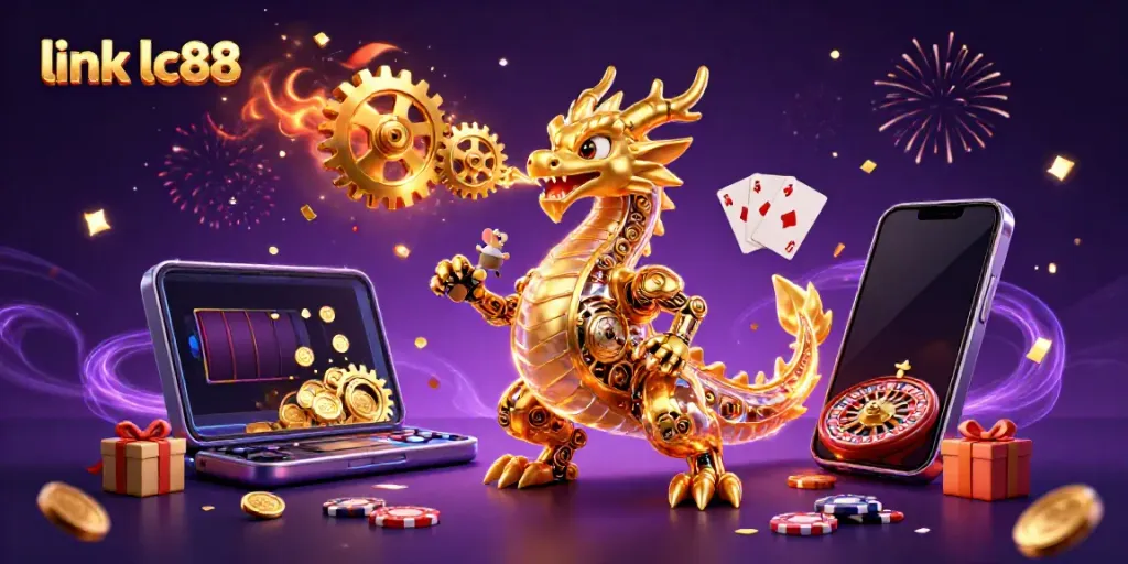 Win big with link lc88 in this dynamic casino adventure featuring a golden dragon and gaming elements.