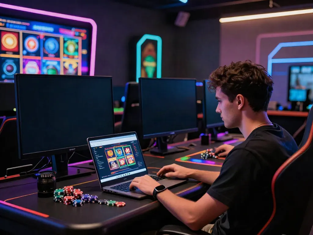 Engaged player using akunjp website in a vibrant online casino atmosphere.
