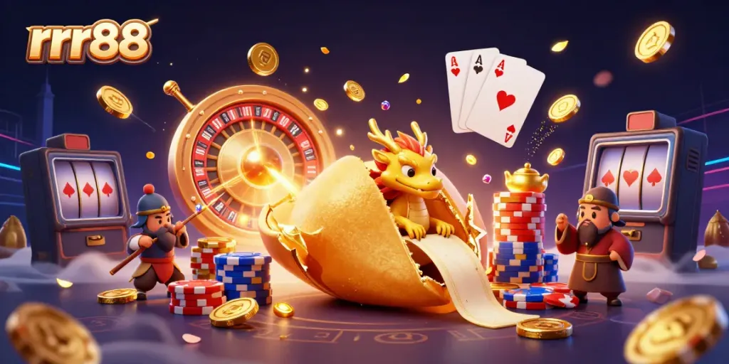Engaging rrr88 casino scene with golden fortune cookie, dragon, and dynamic gaming elements.