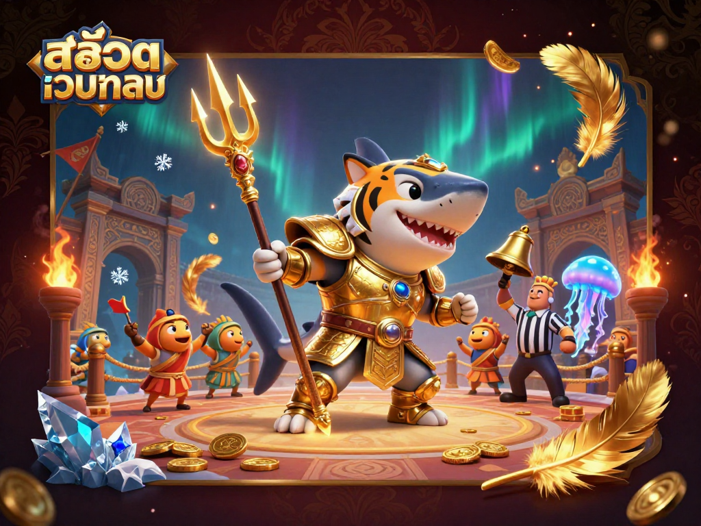 สนุกกับสล็อตเว็บตรงในภาพวาด 3D ที่มีเสือชาร์คสู้ในโคลอสเซี่ยมใต้น้ำ