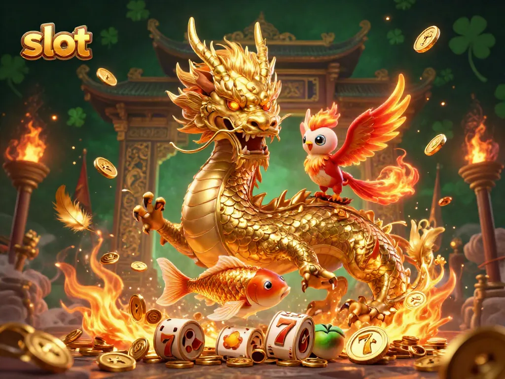 Engaging scene of slot-themed 3D characters, including a dragon, phoenix, and koi fish, amidst dynamic gaming elements.