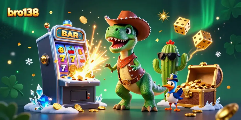 Experience the excitement of bro138 with a T-Rex dinosaur winning big on a giant slot machine, showcasing vibrant casino elements.