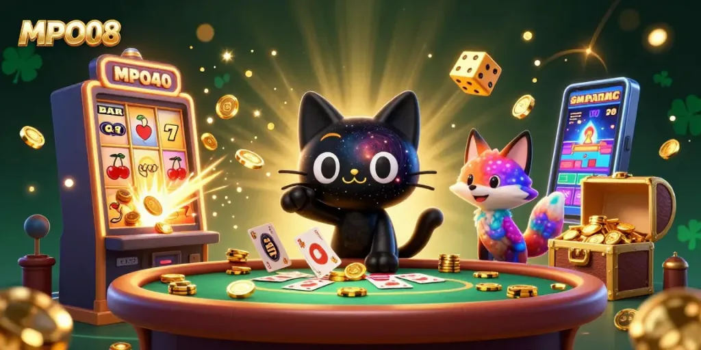 MPO08 showcases a cosmic casino scene featuring a black hole cat and nebula fox attracting golden chips and cards.
