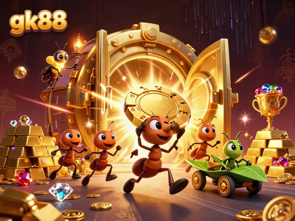 gk88 casino heist scene with cartoon ants stealing a giant poker chip, vibrant colors.
