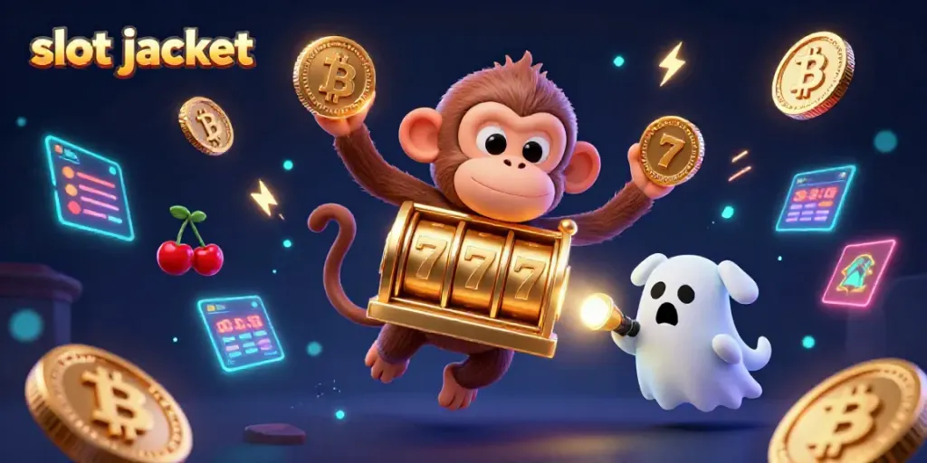Mengikuti slot jackpot, gambar 3D konyol dengan monyet poltergeist mengocok simbol slot dan anjing pemburu hantu penasaran di kasino.