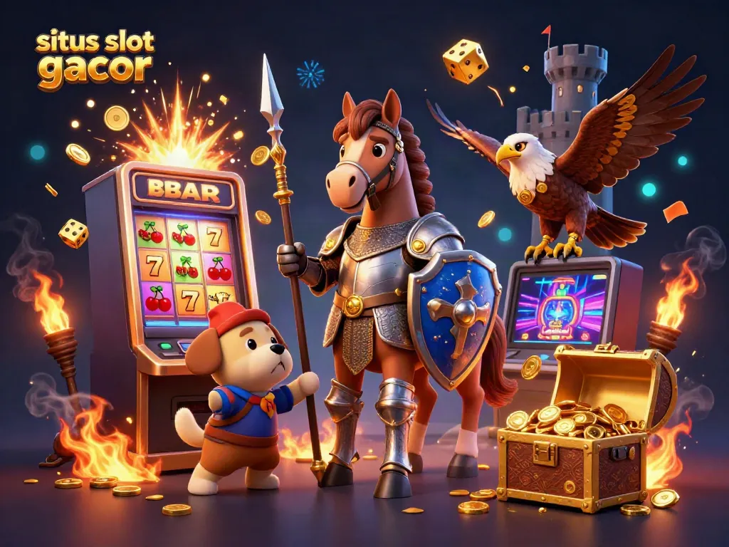 Experience the excitement of situs slot gacor with a 3D knight, puppy, and falcon amid jackpot explosions and vibrant casino elements.