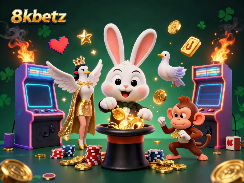 Experience thrilling gaming action at 8xbetz with the magician's golden coins, enchanting atmosphere, and dynamic casino elements.