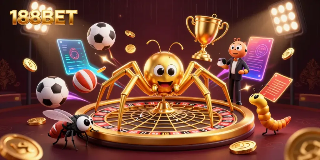 Engage in thrilling games at 188BET with a lively casino scene featuring golden spider and colorful sports elements.