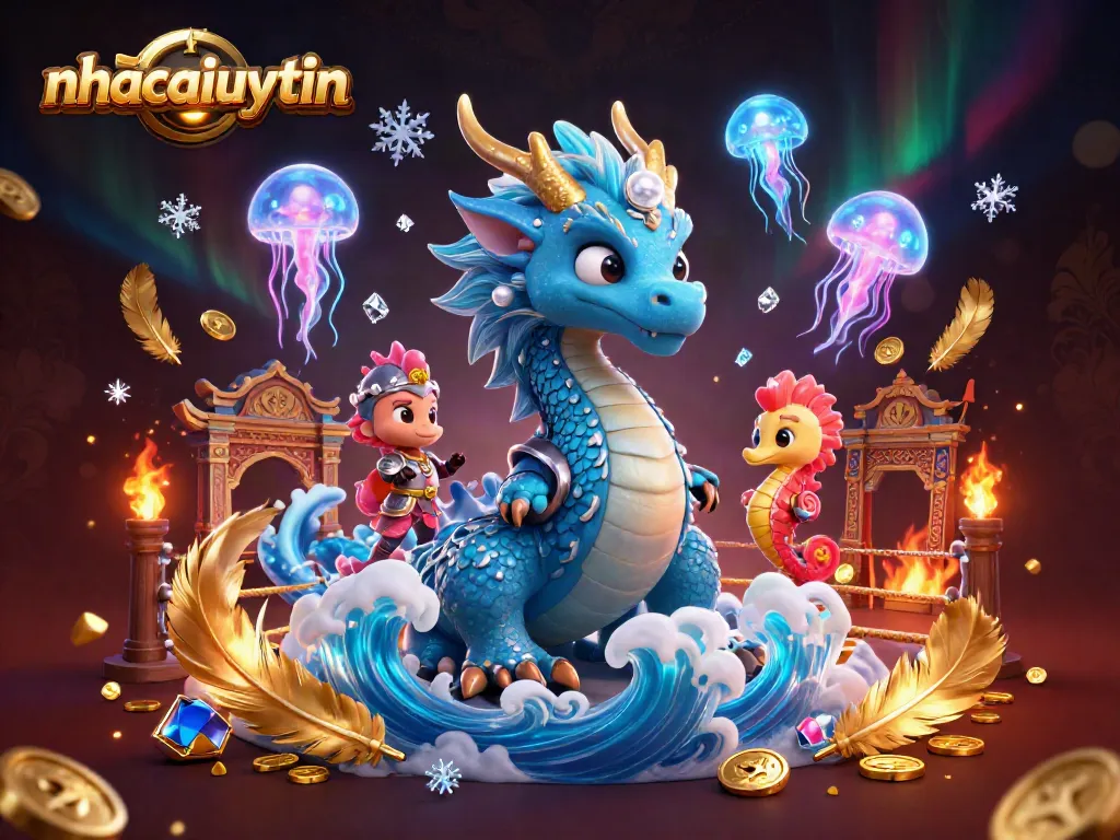 Experience thrilling gaming with nhacaiuytin, showcased through a vibrant 3D dragon and seahorse knight.