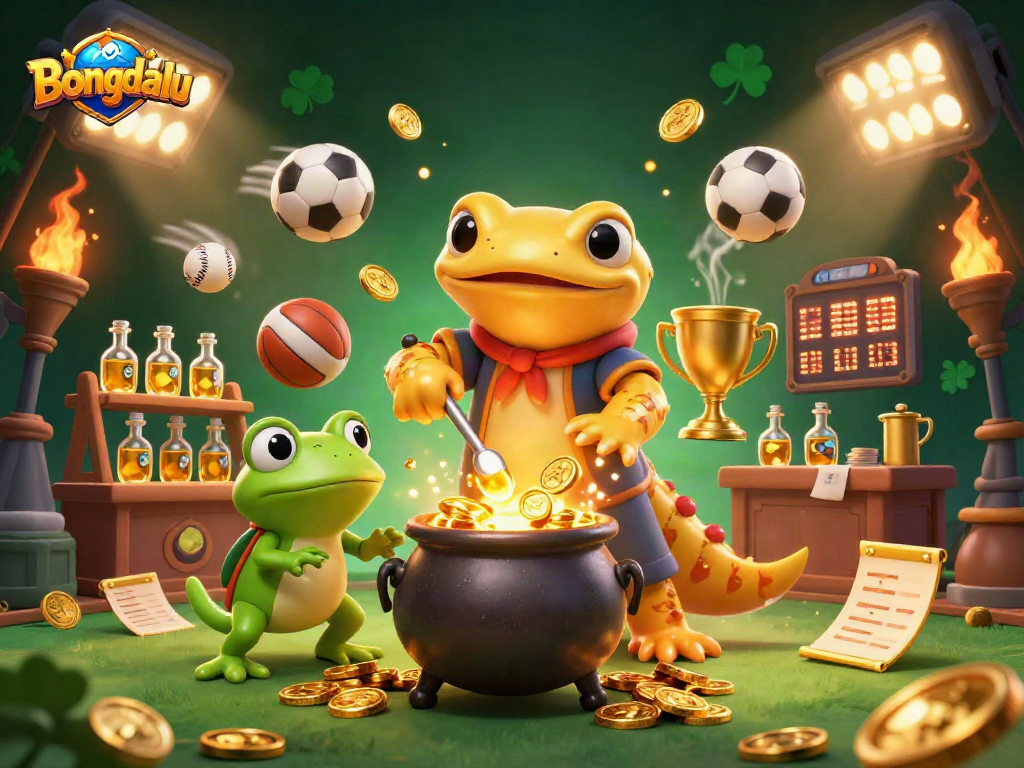 Bongdalu brings dynamic sports betting activity to life with an alchemist, frog apprentice, and newt, creating gold.