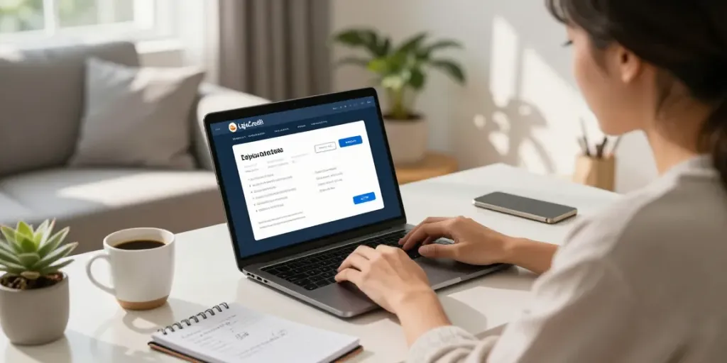 Applying for a personal loan online through LajuCredit from home, showcasing a modern, comfortable workspace.