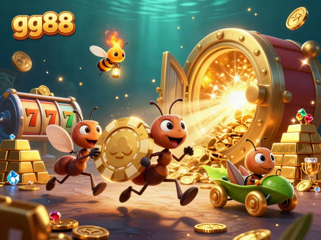 Engage with gg88's vibrant casino heist scene featuring 3D ants and lucky game symbols.
