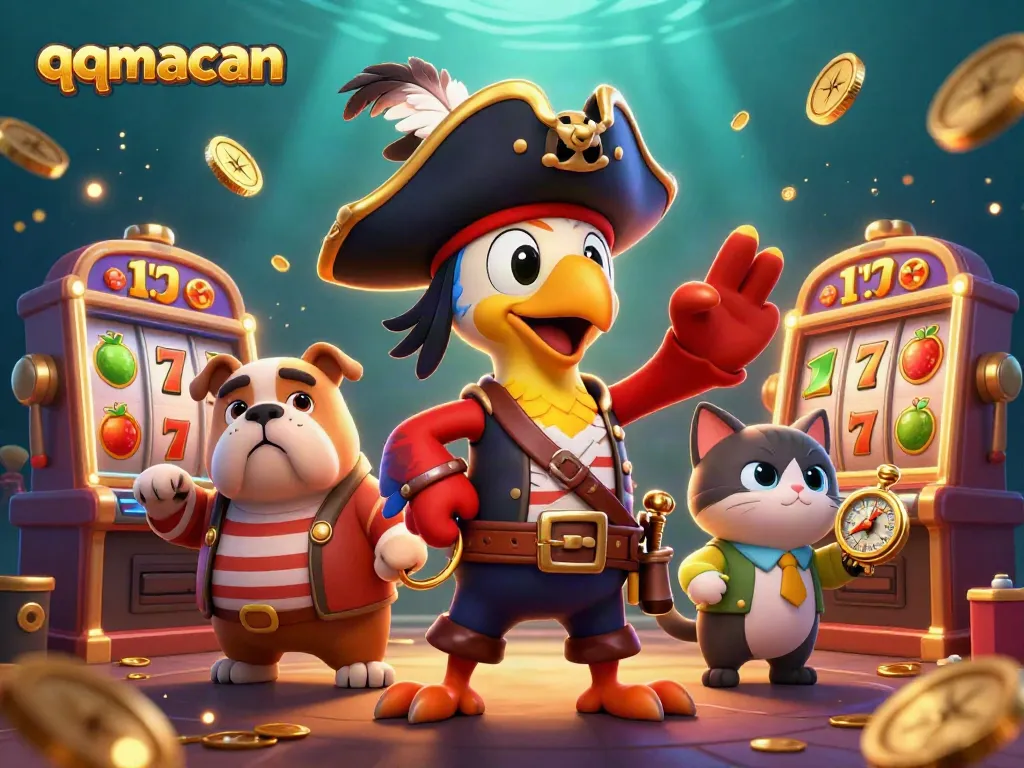 Experience big wins at qqmacan with vibrant slot machines and animated characters in an exciting casino scene.