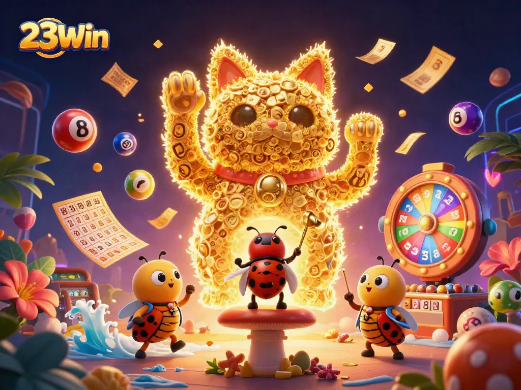 Experience the thrill of 23Win with a dynamic illustration of a lucky cat surrounded by captivating casino symbols.