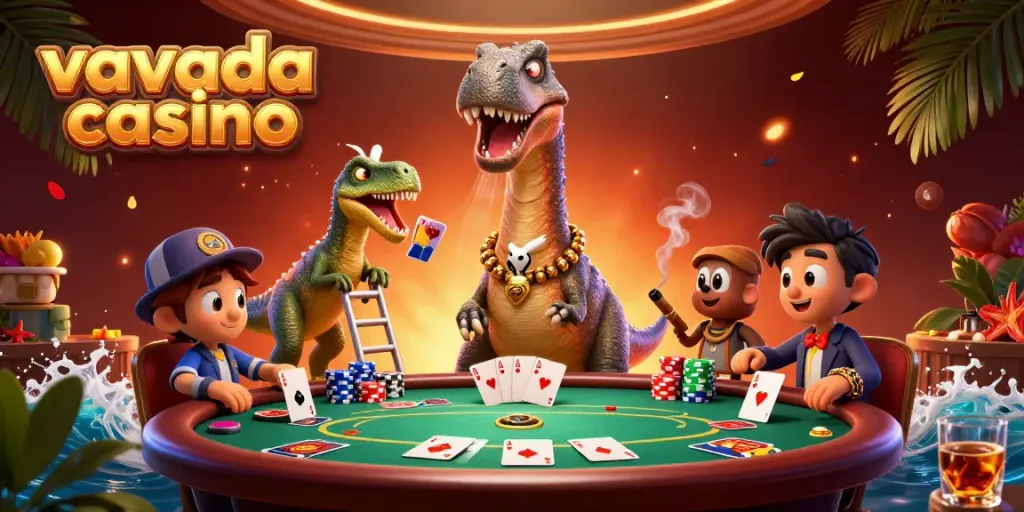 Experience thrilling card action at vavada casino with vibrant poker elements and dynamic 3D characters.