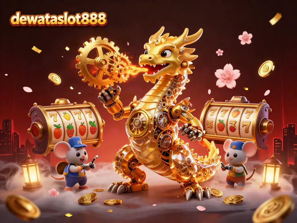 Gambaran interaktif dewataslot888 yang menunjukkan naga emas dan elemen permainan slot untuk latihan slot demo.