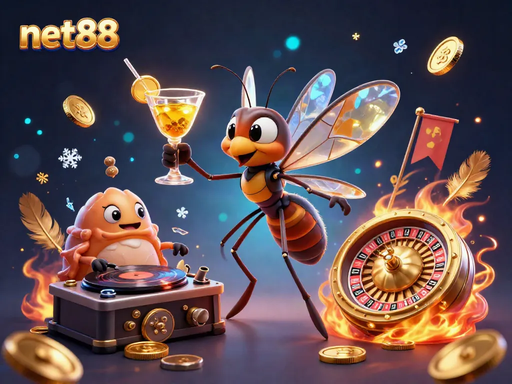 Play at net88 with a dynamic 3D casino scene featuring a frozen mosquito mascot and fossil elements.
