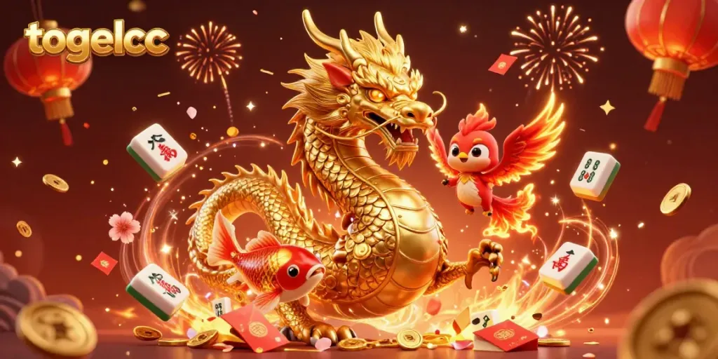 Engage with TogelCC’s thrilling games with a fierce dragon and phoenix amidst vibrant gaming elements.