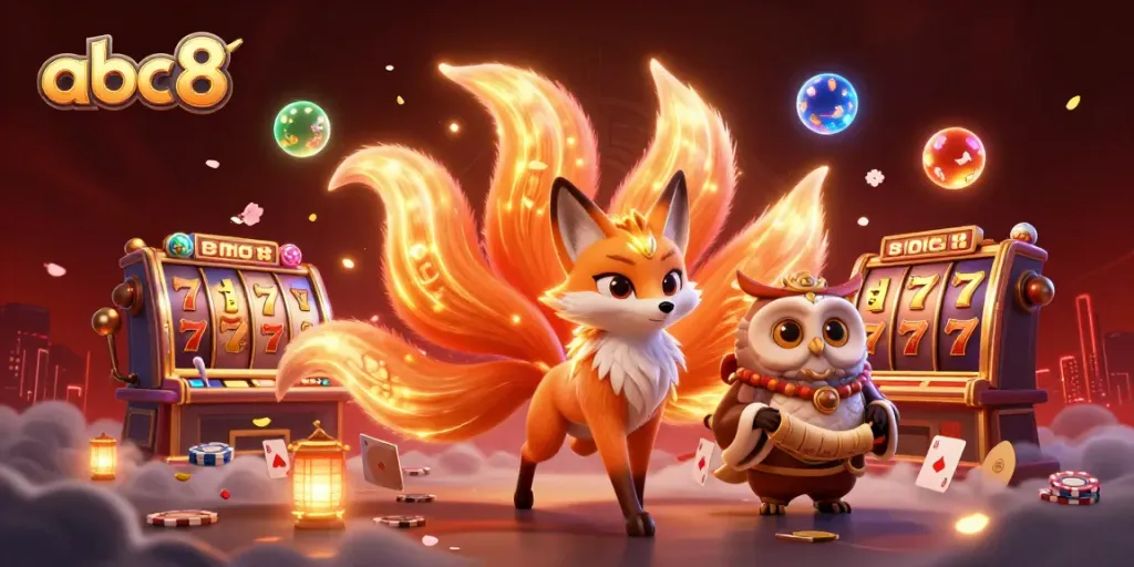 Engage with abc8's vibrant casino world featuring a glowing nine-tailed fox amid thrilling slot elements.
