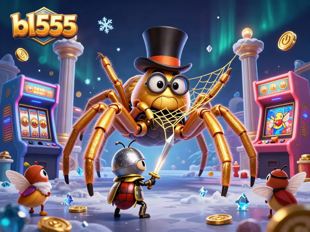 Engage with the vibrant bl555 casino world featuring a golden tarantula amidst gleaming slot games.