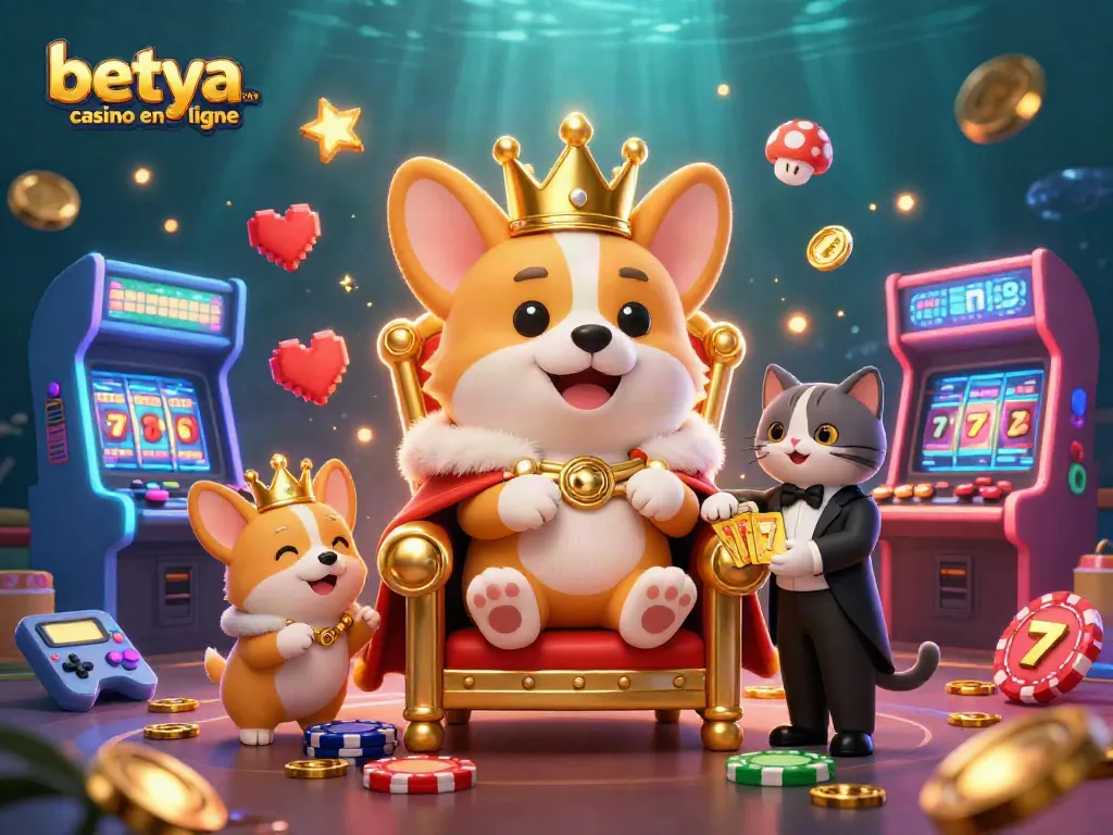 Engage with the scene showcasing betya.com casino en ligne's royal corgi, dazzling game elements, and festive gaming atmosphere.