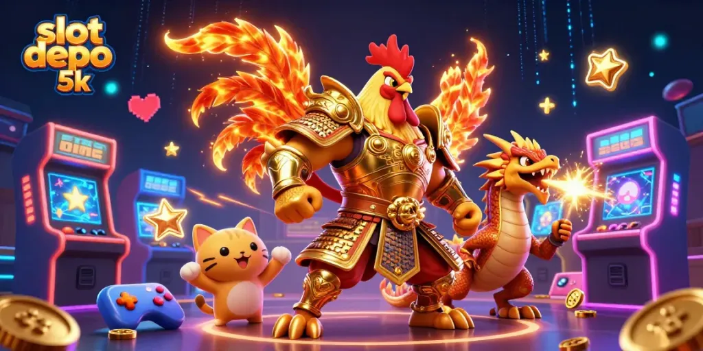 Spin the reels with slot depo 5k characters in a vibrant casino-themed scene.