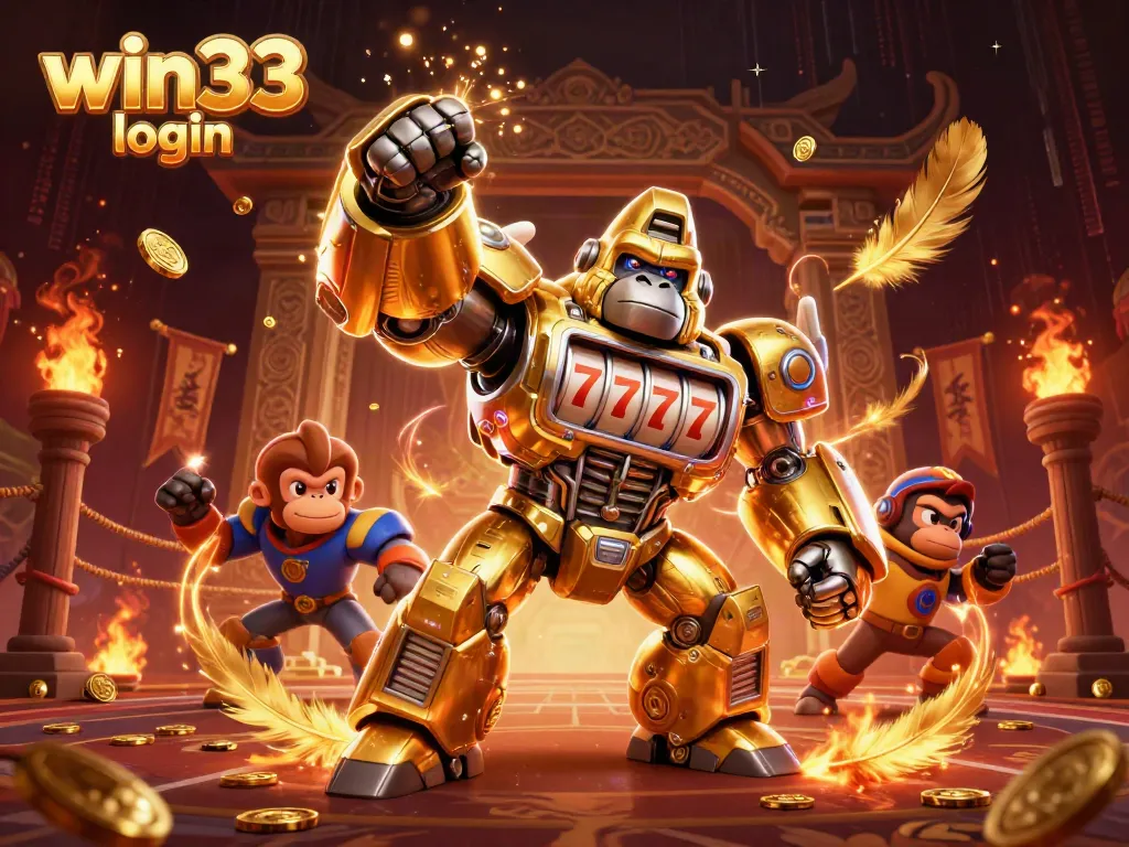 Experience the thrill of win33 login with dynamic 3D illustration featuring a golden gorilla mech and slot machine elements.