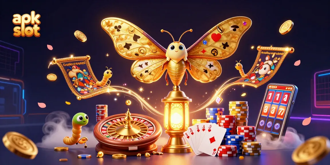 Visualisasi slot apk dengan kupu-kupu raksasa dan elemen kasino yang menarik.