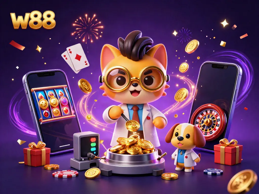 Experience the excitement of w88 with a vibrant casino-themed illustration featuring cartoon characters and gaming elements.
