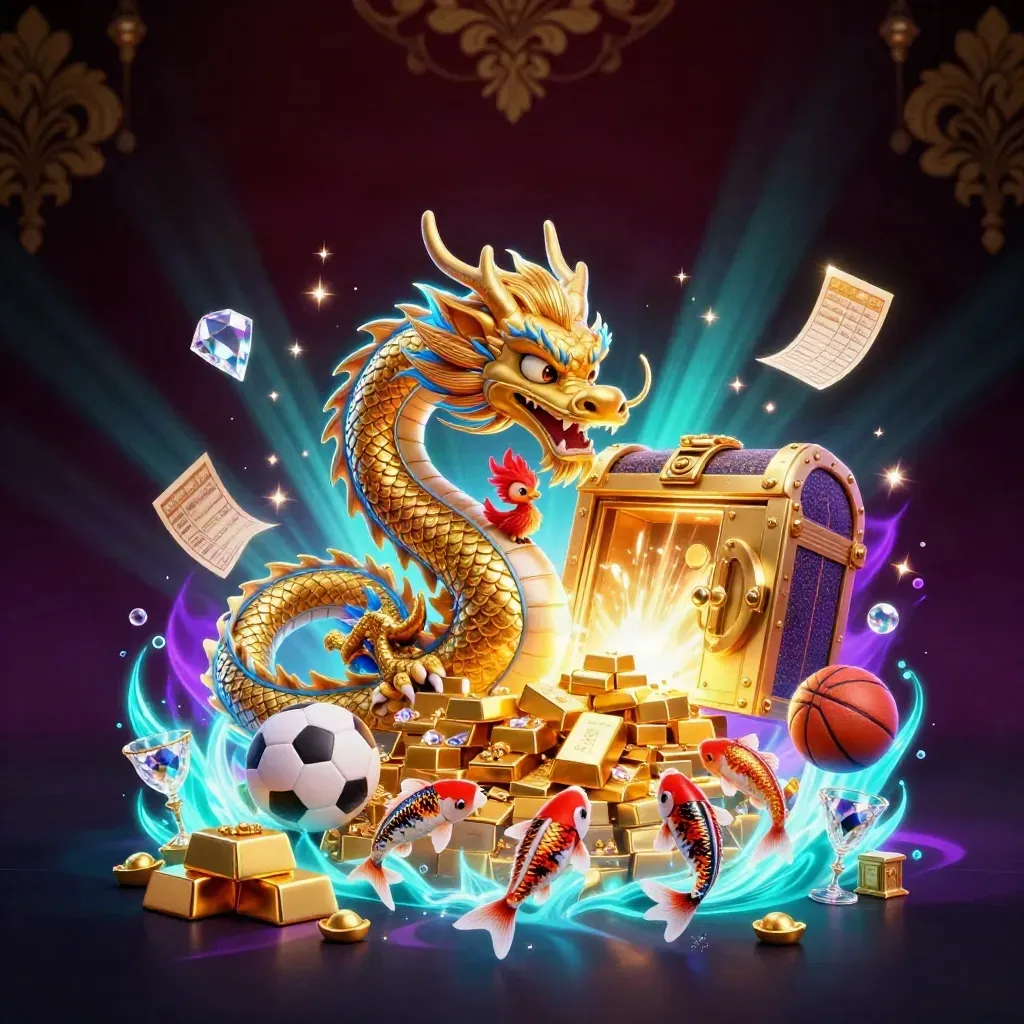 Golden dragon, phoenix, and koi exploding from a treasure vault in neon casino light.