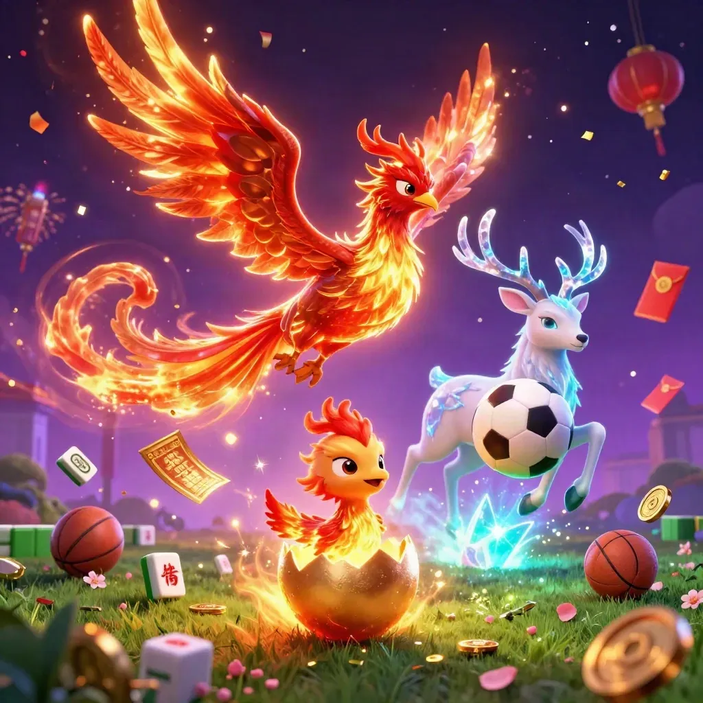 Fantasy sports casino key art with phoenix, stag, baby phoenix, soccer ball and gold effects