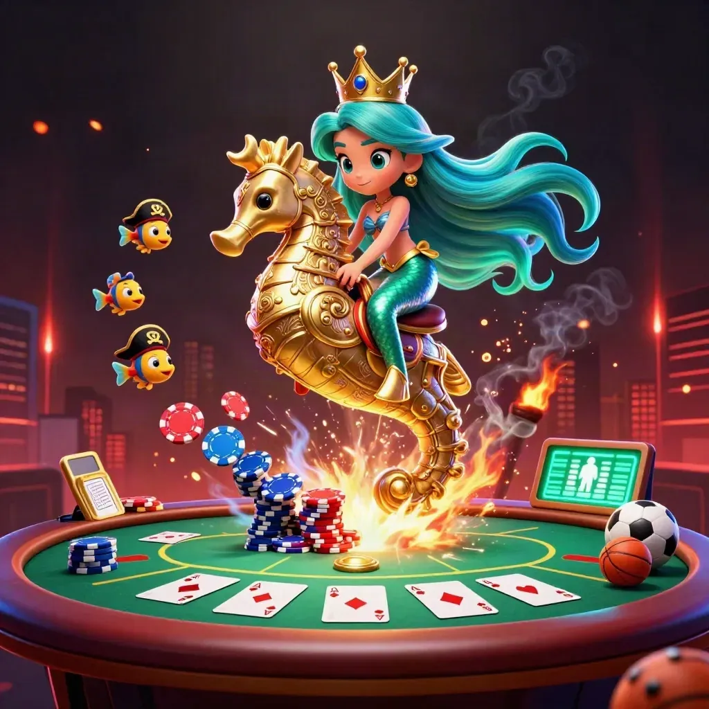 Mermaid princess on armored seahorse amid poker chips, cards, fish, and neon casino glow.