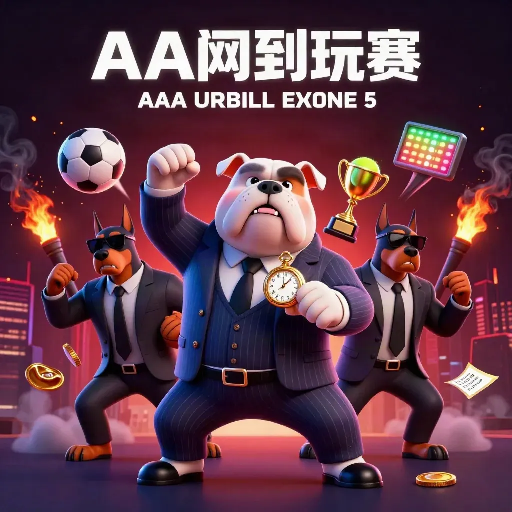 Bulldog boss and Doberman guards burst through neon casino light with balls, trophy, coins, and smoke.