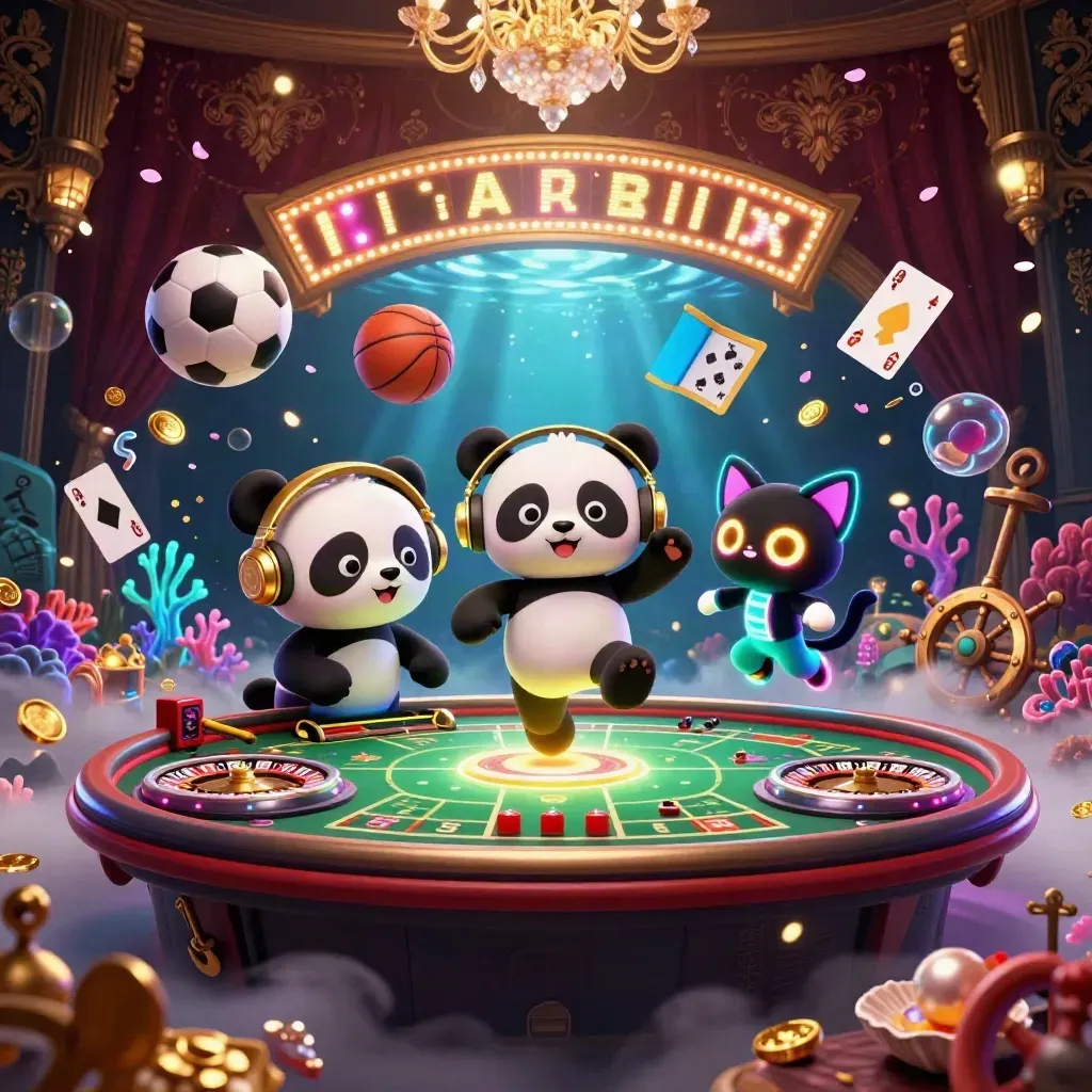 DJ panda, monkey, and kitten amid casino sports chaos with balls, coins, coral, and glowing lights.
