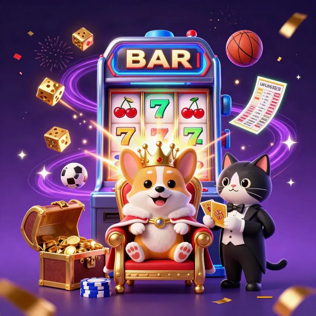 Corgi king and cat butler amid jackpot burst, flying sports balls, coins, and neon casino energy.