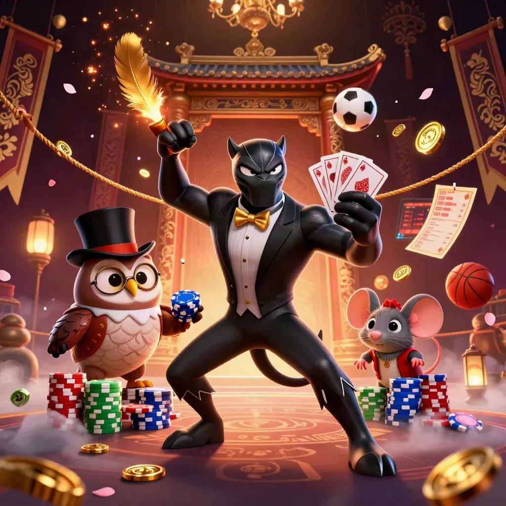 Panther, owl, and mouse amid cards, chips, sports props, neon glow, and casino luxury.