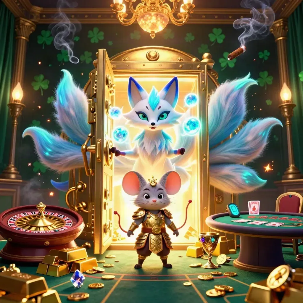 Neon fox spirit and samurai mouse amid casino vault gold, gems, and spinning roulette.