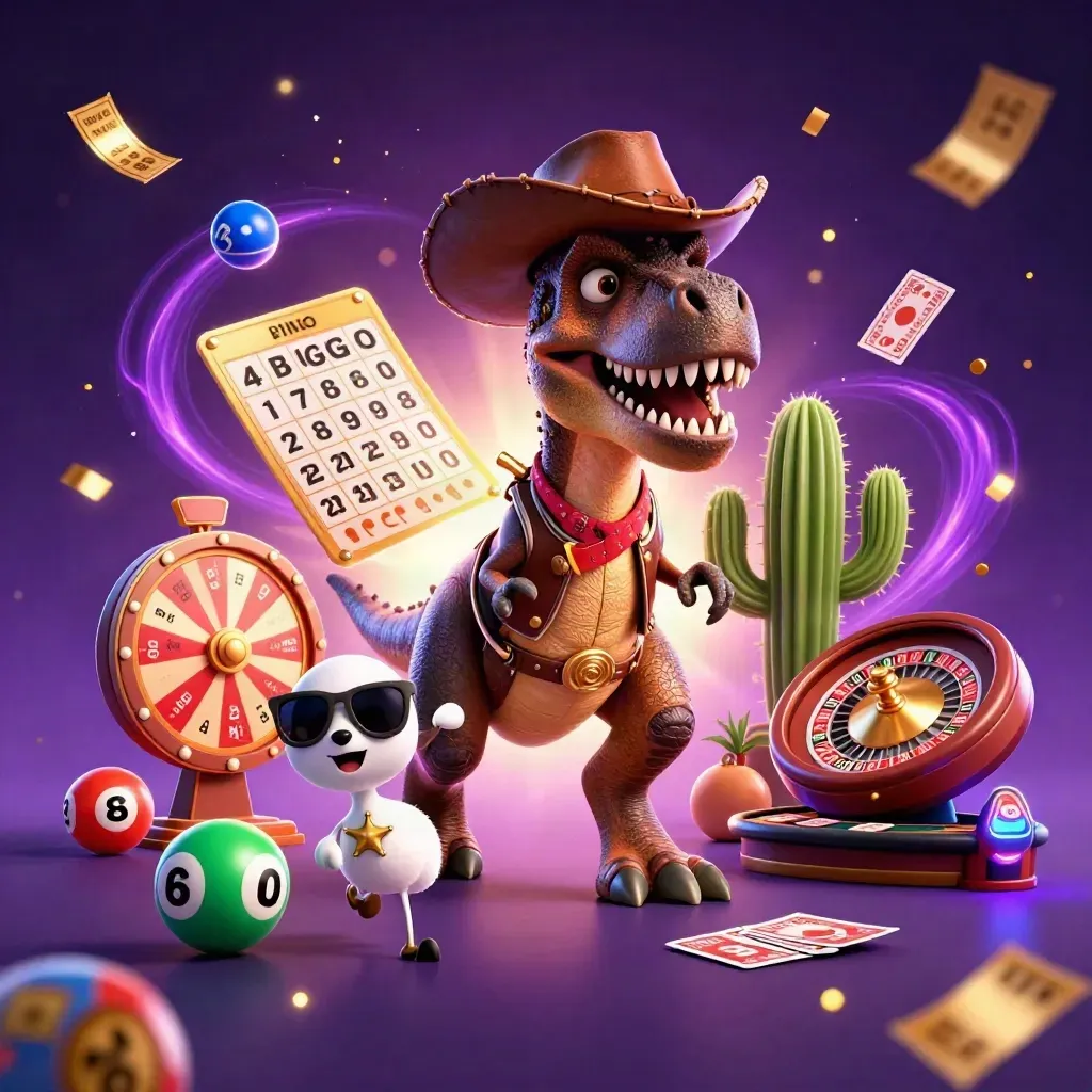 Cowboy T-Rex, cactus sidekick, and sheriff roadrunner amid casino magic and glowing game props.