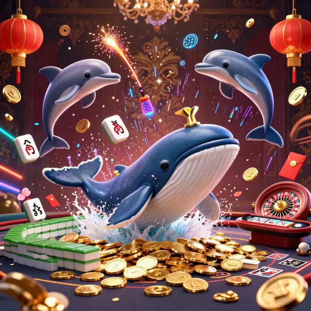 Whale, narwhal, and dolphins burst through coins in a neon luxury casino scene.