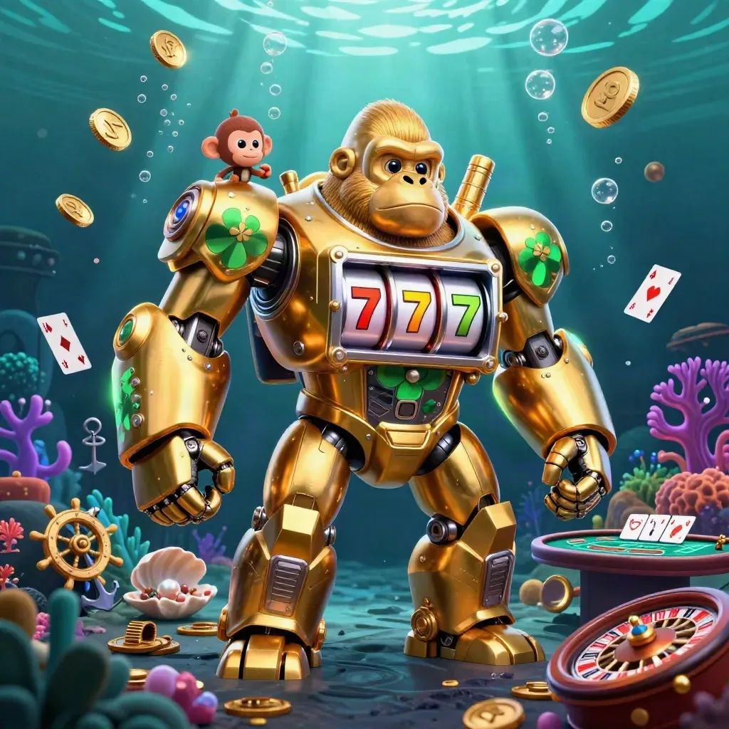 Golden gorilla mech with monkey pilot amid underwater casino treasure, cards, coins, and neon glow