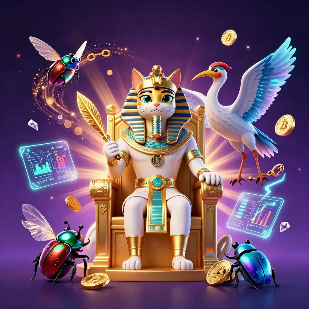 Pharaoh cat on a gold throne, ibis scribe, gem-wing scarabs, coins, lightning, and starry purple energy