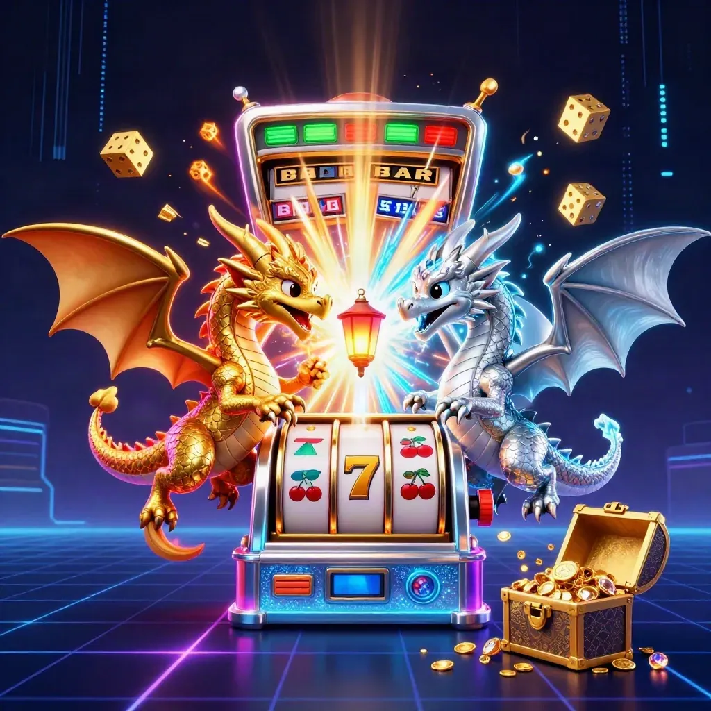Gold and silver dragons spiral around a lantern spirit amid slot-machine gold and neon energy.