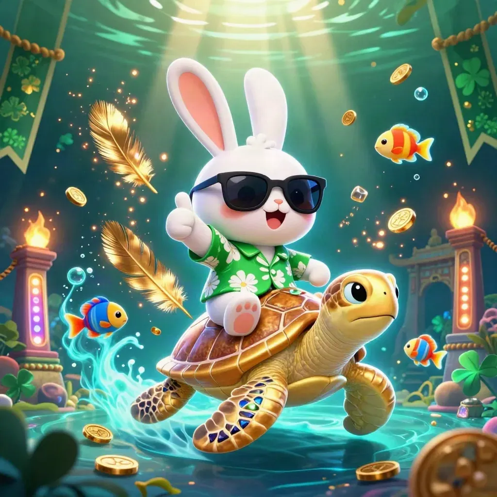 Lucky rabbit rides a gem turtle through coins, fish, and electric-blue casino magic.