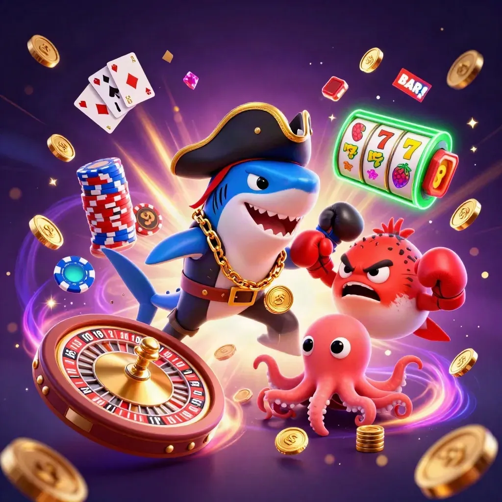 Pirate shark, boxing pufferfish, and coin-juggling octopus amid casino treasures.