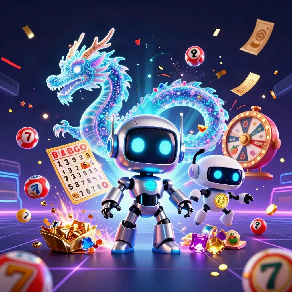 Cyberpunk robot, AI dragon and coin drone amid neon casino prizes, fireworks and blue energy.