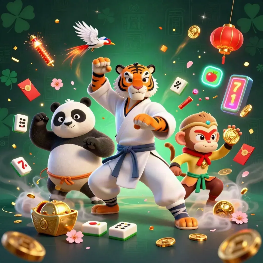 Kung-fu tiger, panda, and monkey amid casino treasures, jade coins, lanterns, and neon green magic.