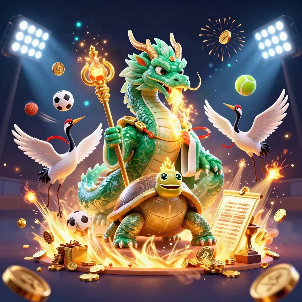 Jade dragon, turtle sage, cranes amid coins, trophy, balls, and fireworks on a dark casino backdrop