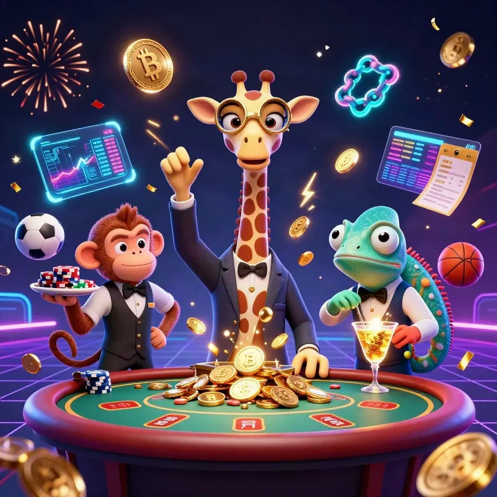Giraffe, monkey, and chameleon in a neon casino burst with coins, fireworks, and sports bets.