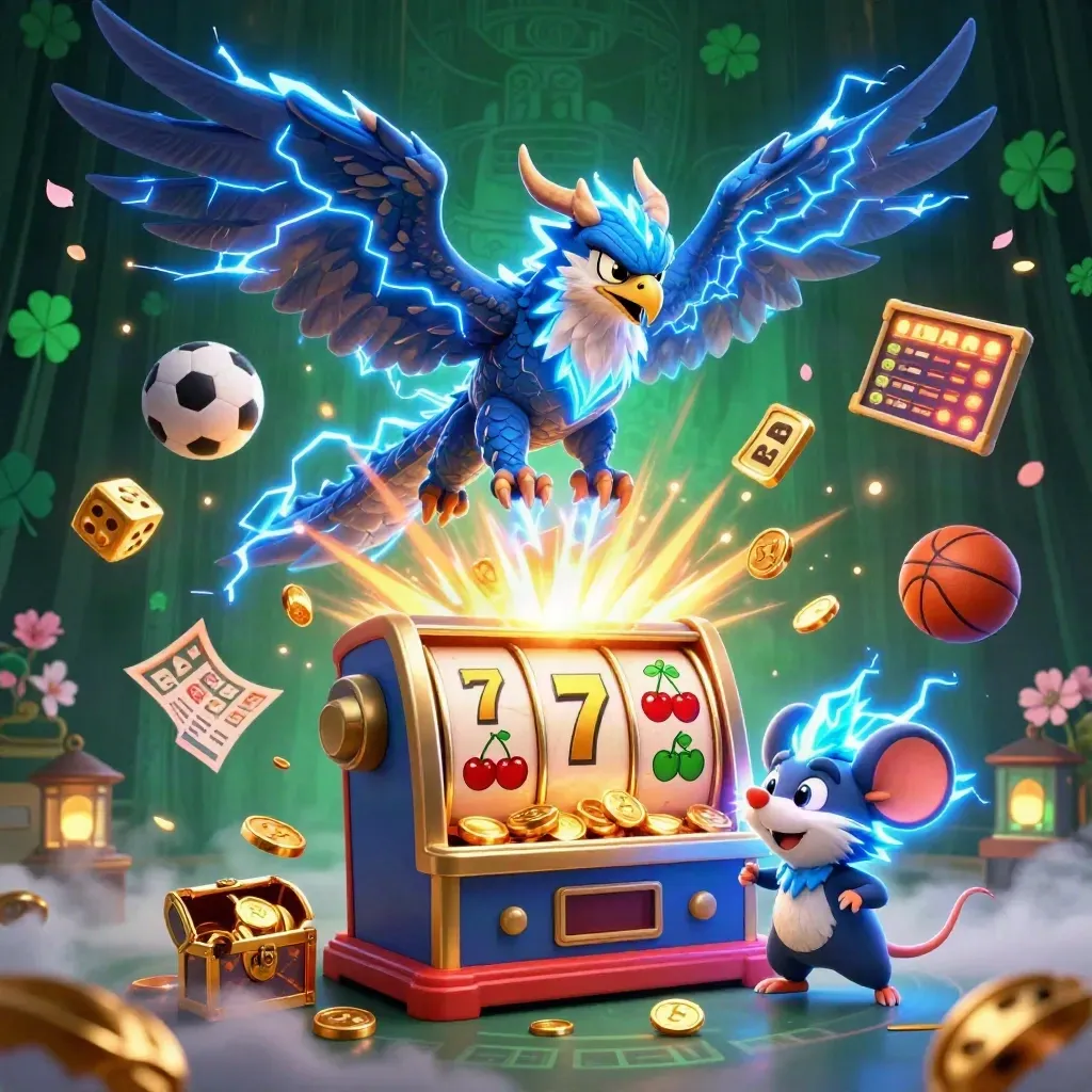 Thunder dragon, hawk, and mouse amid casino gold, slot burst, coins, and sports icons.